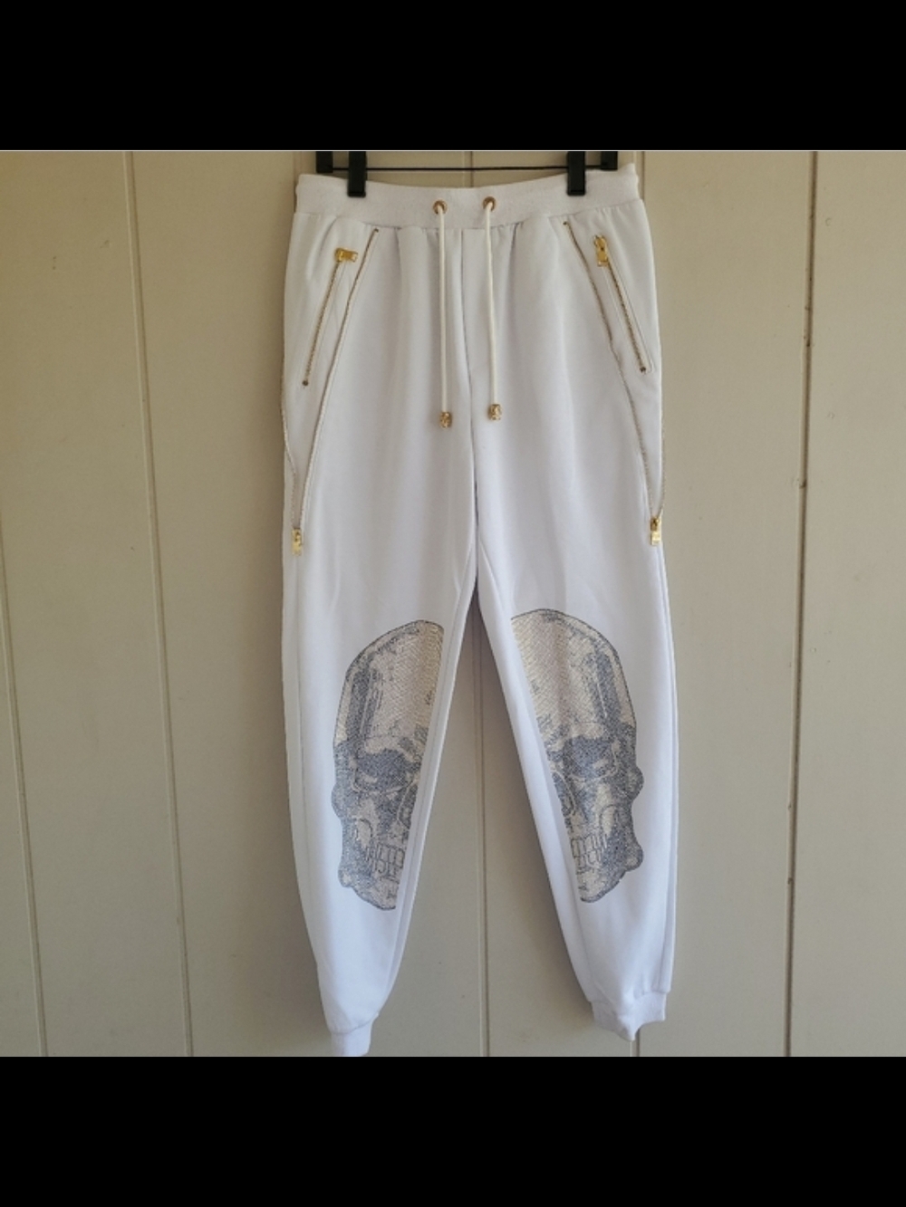 Henry & William White Joggers Large Skull Sequin Gold Zipper Detail Street Wear